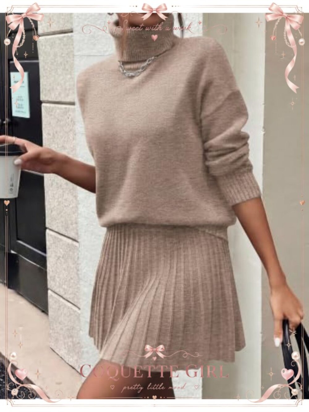 Turtleneck Sweater & Pleated Mini Skirt 2 Piece Set Knit Lounge Set - Picture 3 of 6
